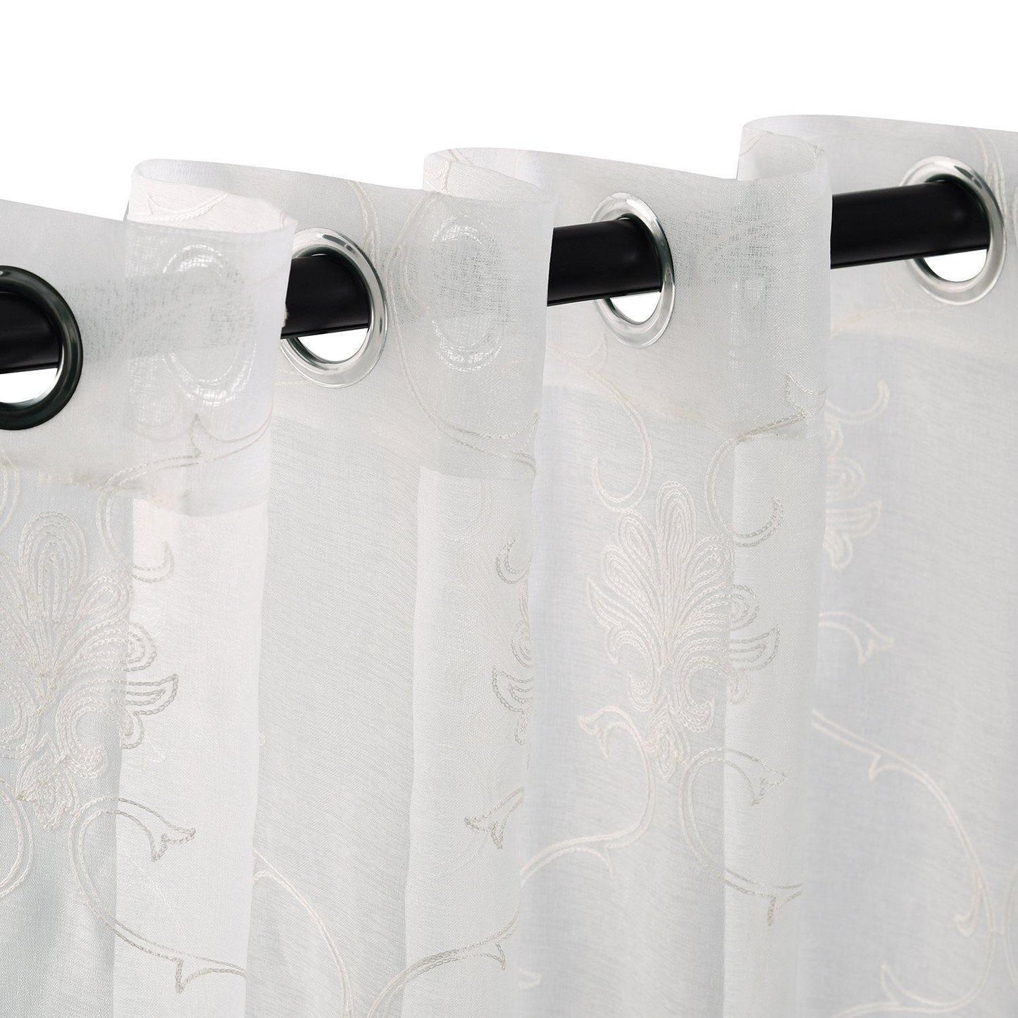 Embroidered Elegant Scroll Sheer Grommet Panel 2-Piece Curtain Set FredCo