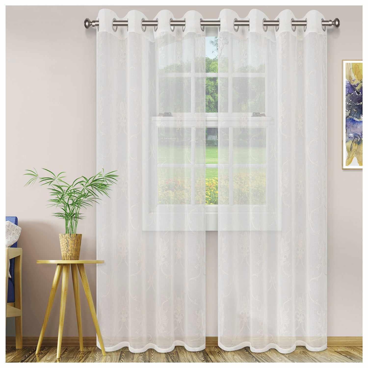 Embroidered Elegant Scroll Sheer Grommet Panel 2-Piece Curtain Set FredCo
