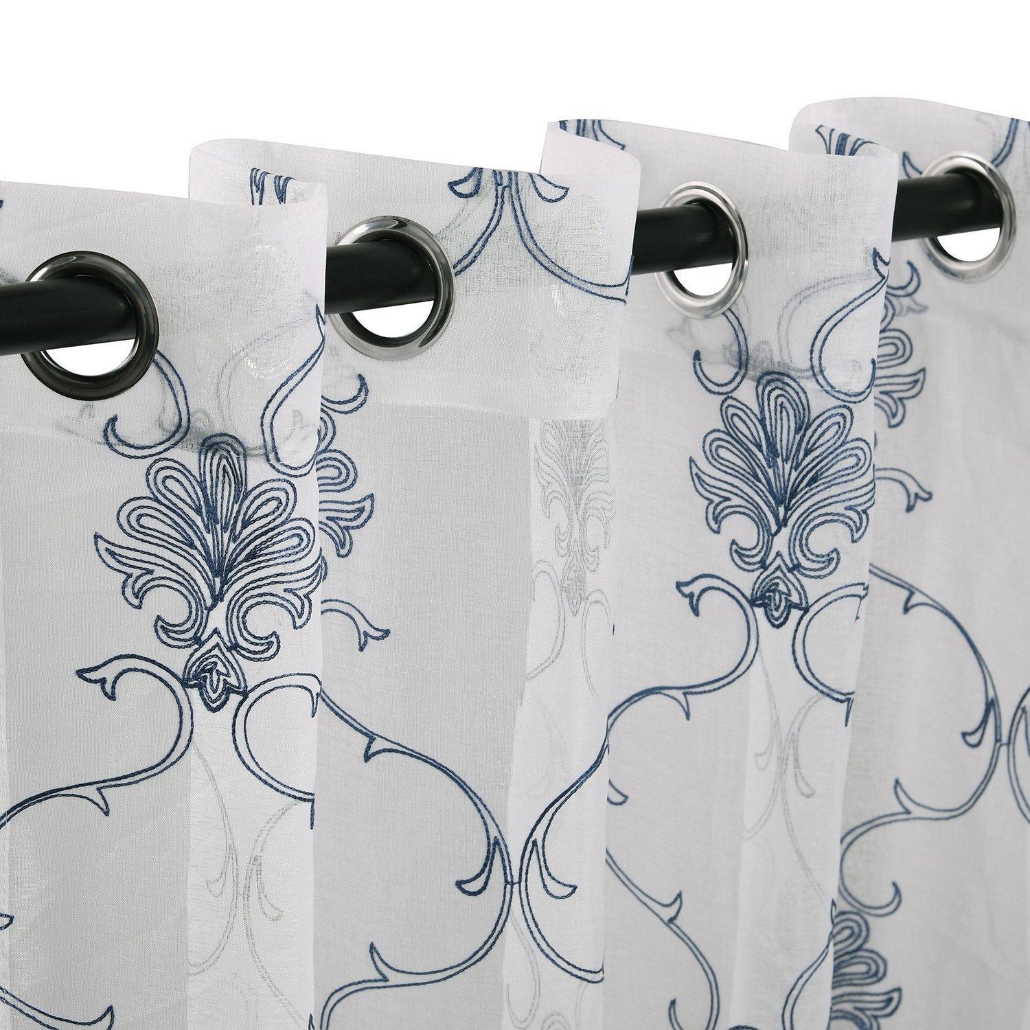 Embroidered Elegant Scroll Sheer Grommet Panel 2-Piece Curtain Set FredCo