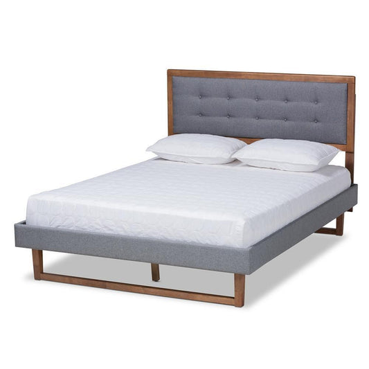 Emele Modern Transitional Dark Grey Fabric Upholstered and Ash Walnut Brown Finished Wood Full Size Platform Bed FredCo