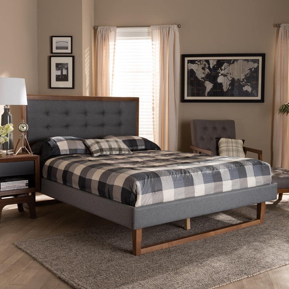 Emele Modern Transitional Dark Grey Fabric Upholstered and Ash Walnut Brown Finished Wood Full Size Platform Bed FredCo