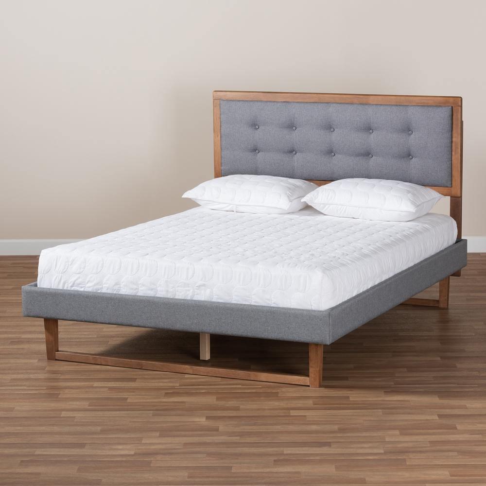 Emele Modern Transitional Dark Grey Fabric Upholstered and Ash Walnut Brown Finished Wood King Size Platform Bed FredCo