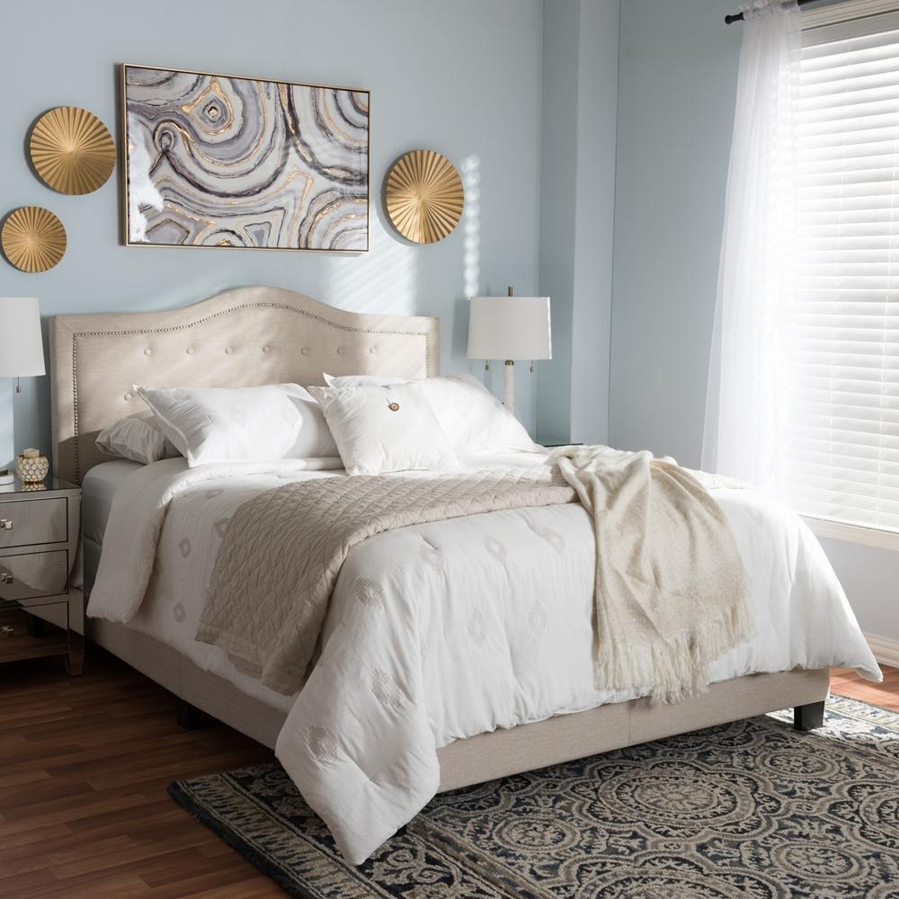 Emerson Modern and Contemporary Light Beige Fabric Upholstered King Size Bed FredCo