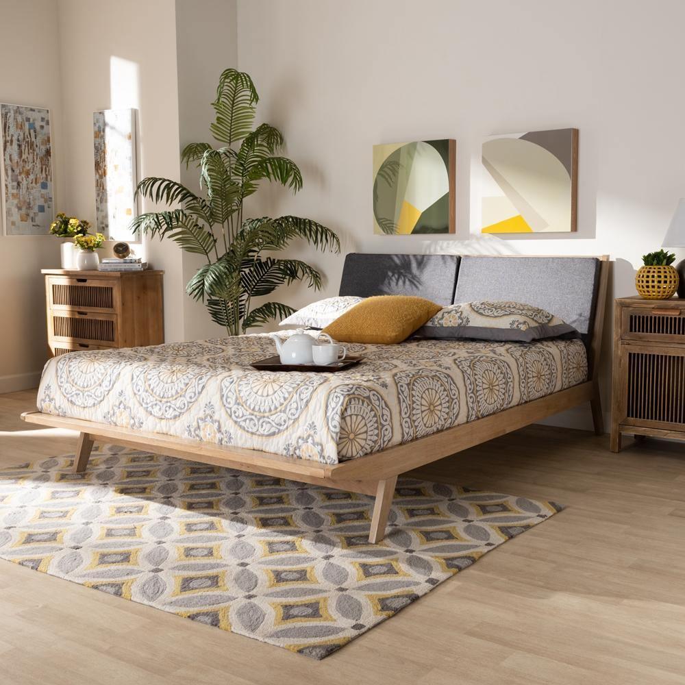 Emile Modern and Contemporary Grey Fabric Upholstered Natural Oak Finished Wood King Size Platform Bed FredCo