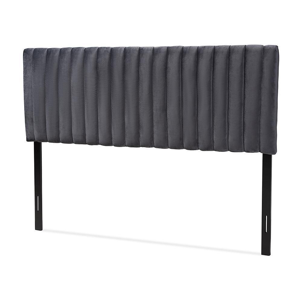 Emile Modern and Contemporary Grey Velvet Fabric Upholstered and Dark Brown Finished Wood King Size Headboard FredCo