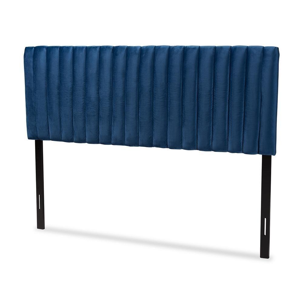 Emile Modern and Contemporary Navy Blue Velvet Fabric Upholstered and Dark Brown Finished Wood Full Size Headboard FredCo