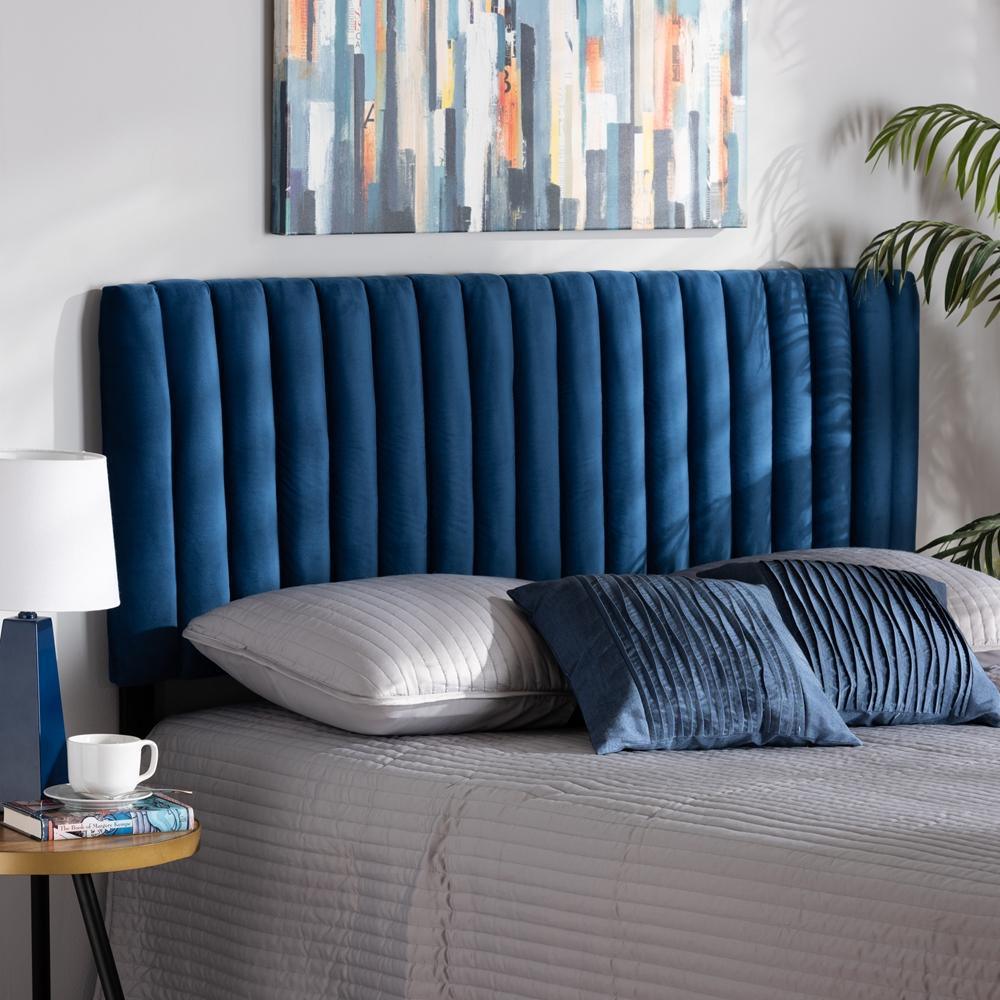 Emile Modern and Contemporary Navy Blue Velvet Fabric Upholstered and Dark Brown Finished Wood Full Size Headboard FredCo