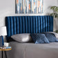 Emile Modern and Contemporary Navy Blue Velvet Fabric Upholstered and Dark Brown Finished Wood Full Size Headboard FredCo
