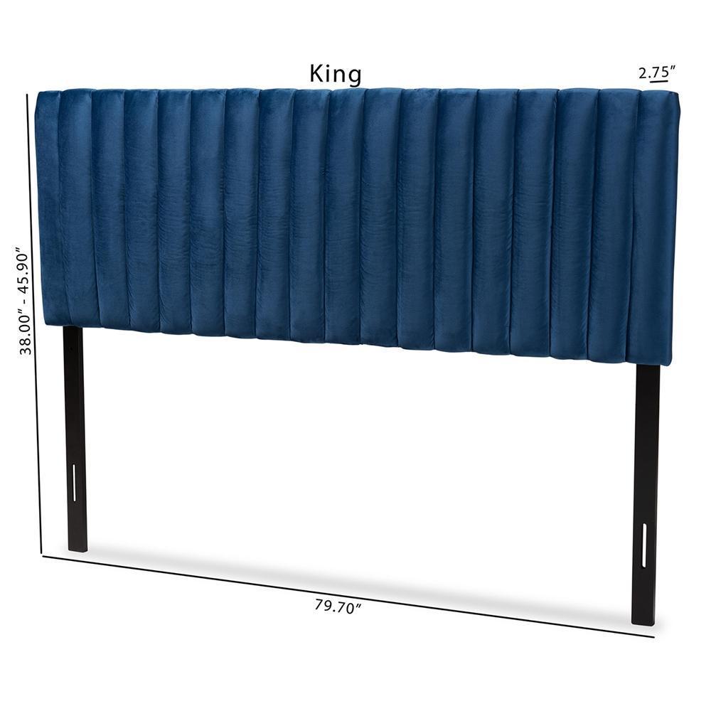 Emile Modern and Contemporary Navy Blue Velvet Fabric Upholstered and Dark Brown Finished Wood King Size Headboard FredCo