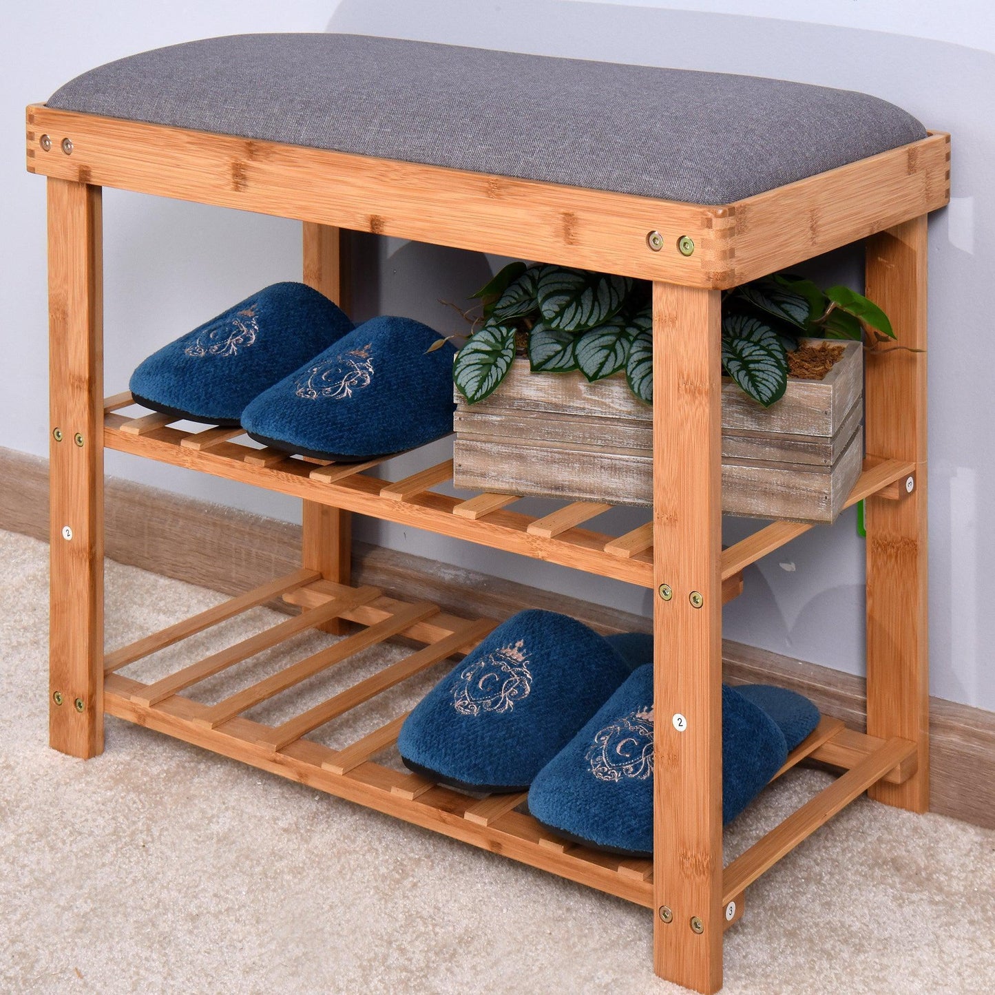 Entryway 3-tier Bamboo Bench Shoe Rack 23.62 x 11.4 x 19.88 inch FredCo