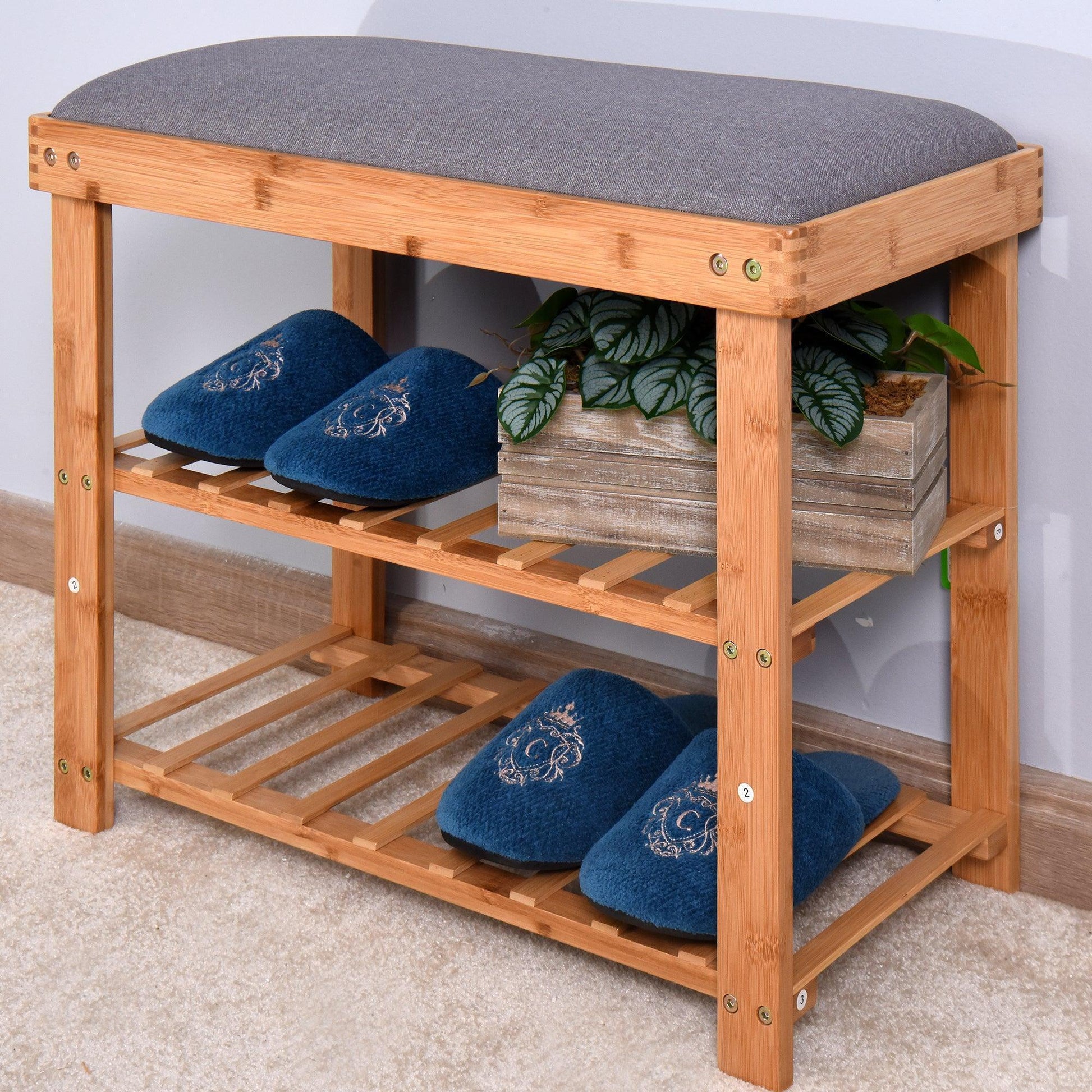 Entryway 3-tier Bamboo Bench Shoe Rack 23.62 x 11.4 x 19.88 inch FredCo