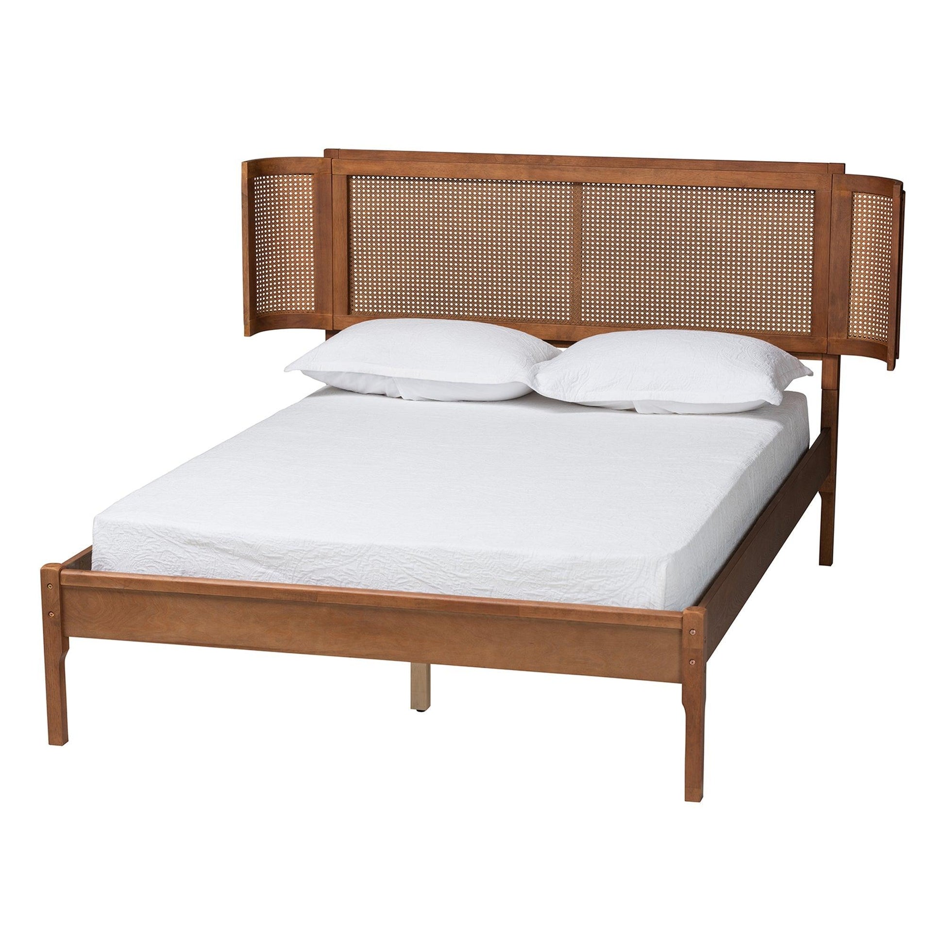 Eridian Mid-Century Modern Walnut Brown Finished Wood and Natural Rattan Queen Size Platform Bed FredCo