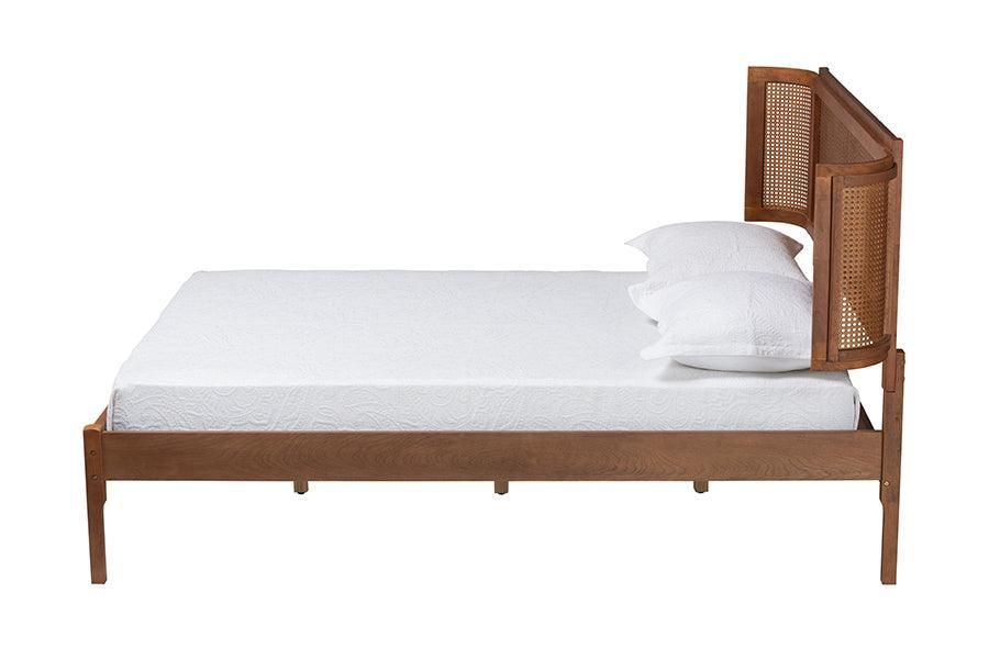 Eridian Mid-Century Modern Walnut Brown Finished Wood and Natural Rattan Queen Size Platform Bed FredCo