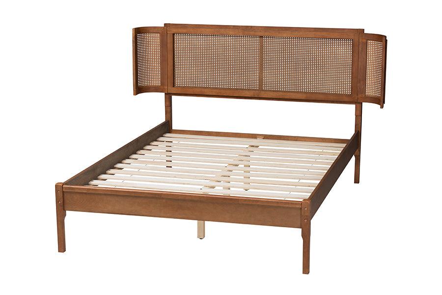 Eridian Mid-Century Modern Walnut Brown Finished Wood and Natural Rattan Queen Size Platform Bed FredCo