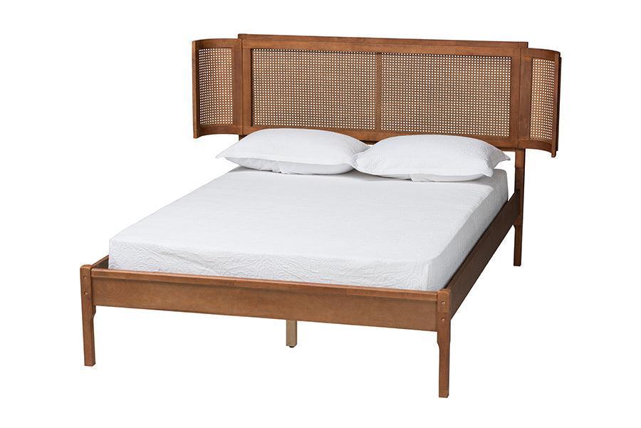 Eridian Mid-Century Modern Walnut Brown Finished Wood and Natural Rattan Queen Size Platform Bed FredCo