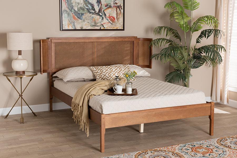 Eridian Mid-Century Modern Walnut Brown Finished Wood and Natural Rattan Queen Size Platform Bed FredCo