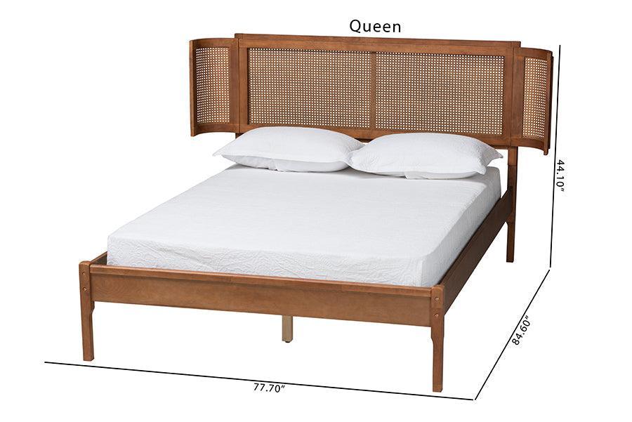 Eridian Mid-Century Modern Walnut Brown Finished Wood and Natural Rattan Queen Size Platform Bed FredCo