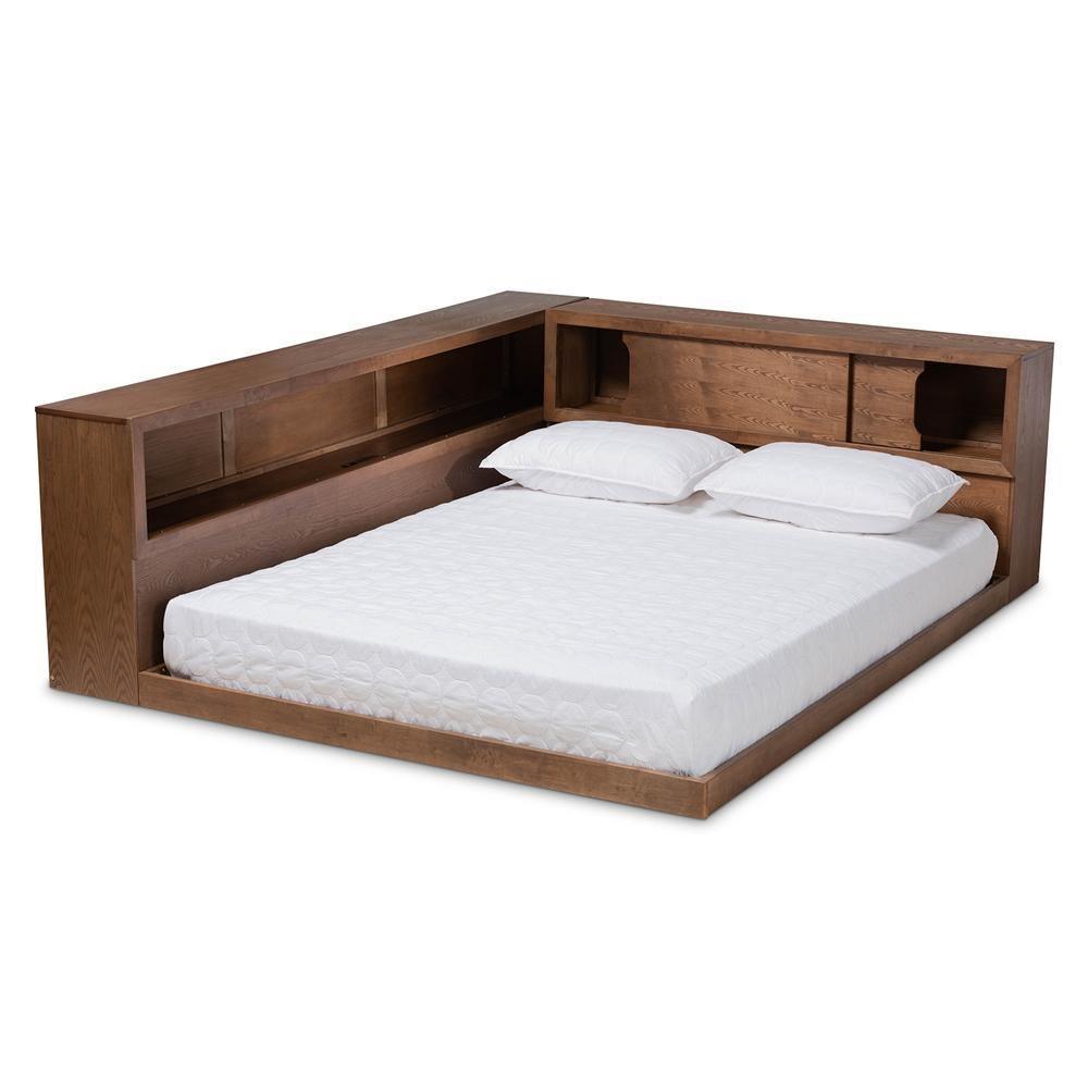 Erie Modern Rustic and Transitional Walnut Brown Finished Wood Queen Size Platform Storage Bed with Built-In Outlet FredCo
