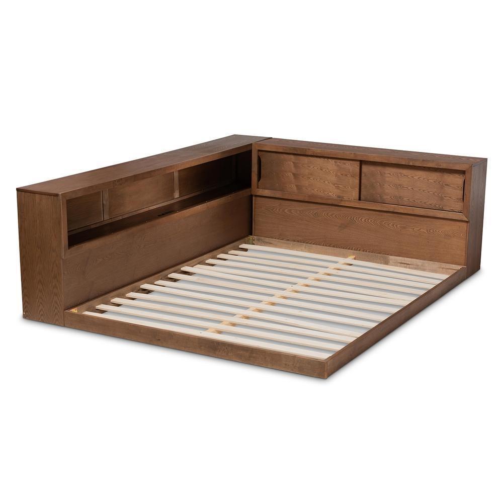 Erie Modern Rustic and Transitional Walnut Brown Finished Wood Queen Size Platform Storage Bed with Built-In Outlet FredCo