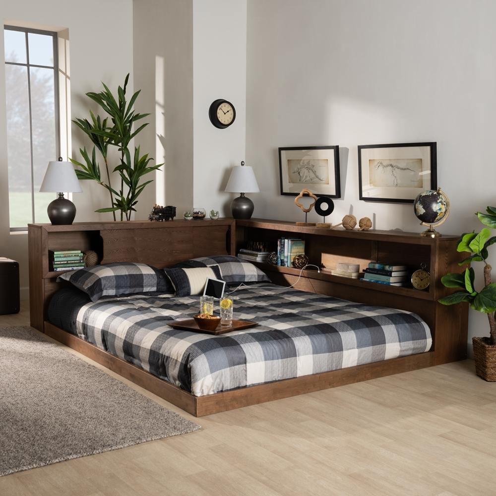 Erie Modern Rustic and Transitional Walnut Brown Finished Wood Queen Size Platform Storage Bed with Built-In Outlet FredCo