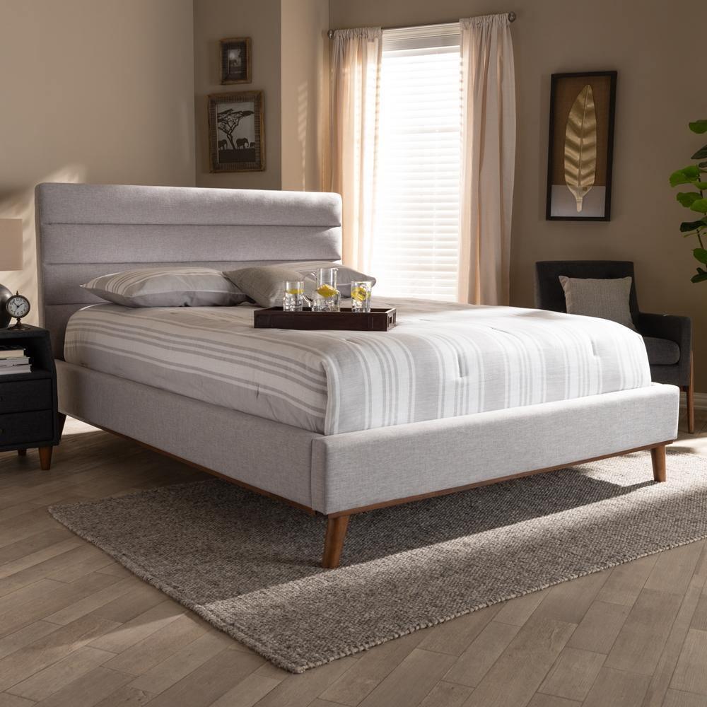 Erlend Mid-Century Modern Greyish Beige Fabric Upholstered Queen Size Platform Bed FredCo