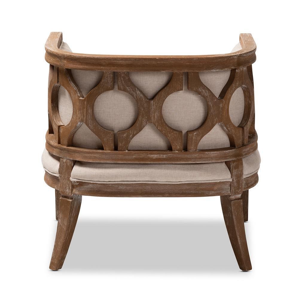 Esme French Provincial Beige Linen Fabric Upholstered and White-Washed Oak Wood Accent Barrel Chair FredCo
