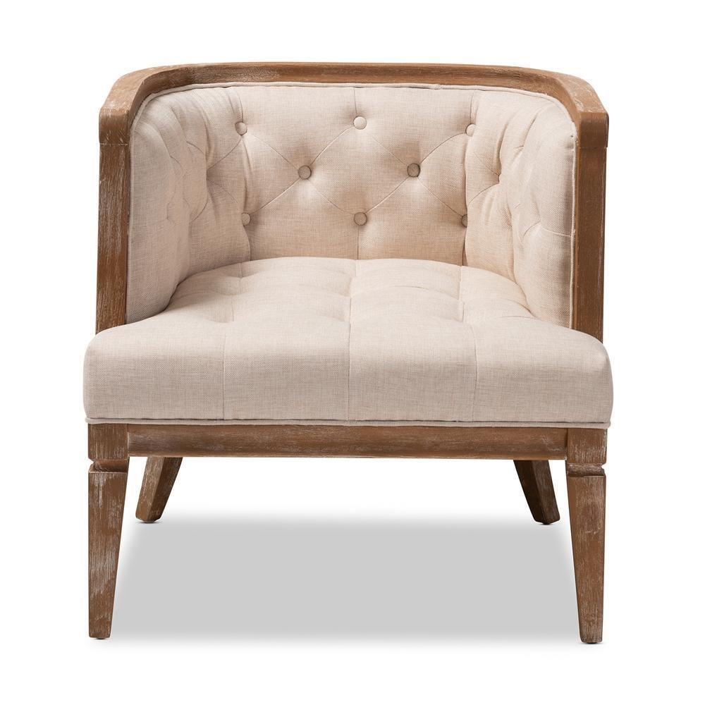 Esme French Provincial Beige Linen Fabric Upholstered and White-Washed Oak Wood Accent Barrel Chair FredCo
