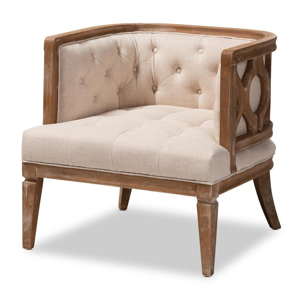 Esme French Provincial Beige Linen Fabric Upholstered and White-Washed Oak Wood Accent Barrel Chair FredCo