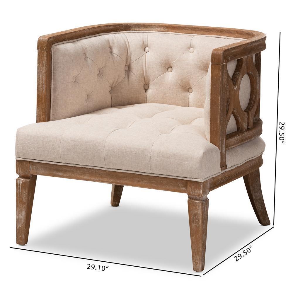 Esme French Provincial Beige Linen Fabric Upholstered and White-Washed Oak Wood Accent Barrel Chair FredCo