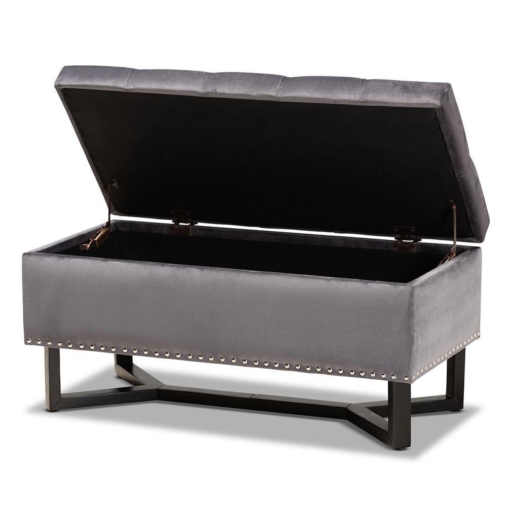 Esther Modern and Contemporary Grey Velvet Fabric Upholstered and Dark Brown Finished Wood Storage Ottoman FredCo