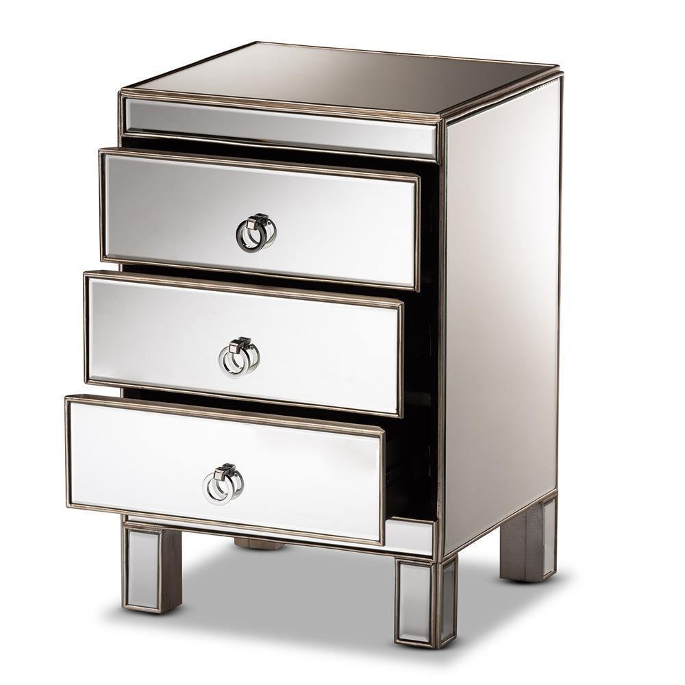 Ewan Contemporary Glam and Luxe Mirrored 3-Drawer Nightstand FredCo