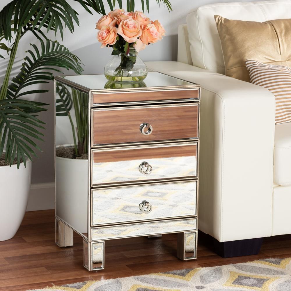 Ewan Contemporary Glam and Luxe Mirrored 3-Drawer Nightstand FredCo