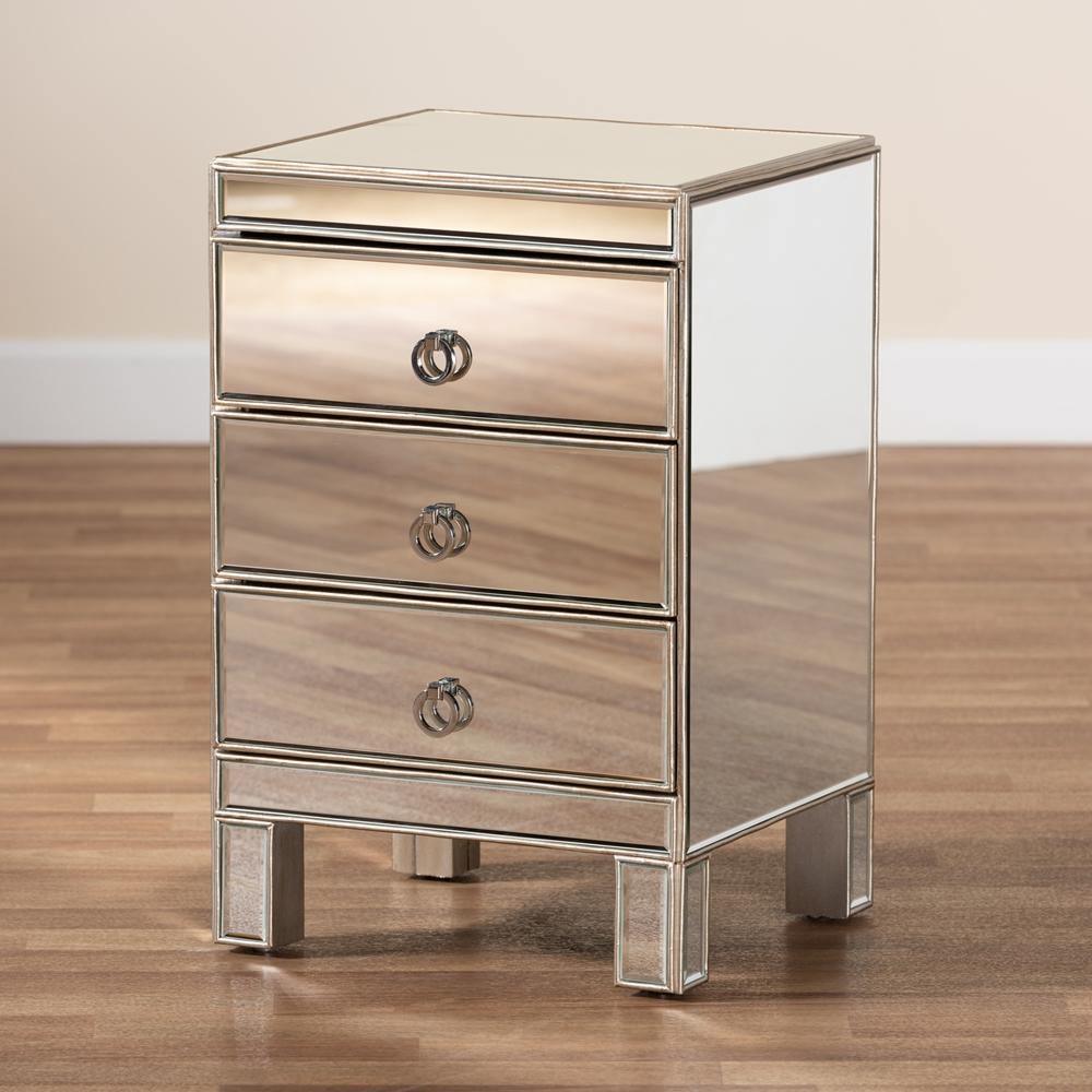 Ewan Contemporary Glam and Luxe Mirrored 3-Drawer Nightstand FredCo