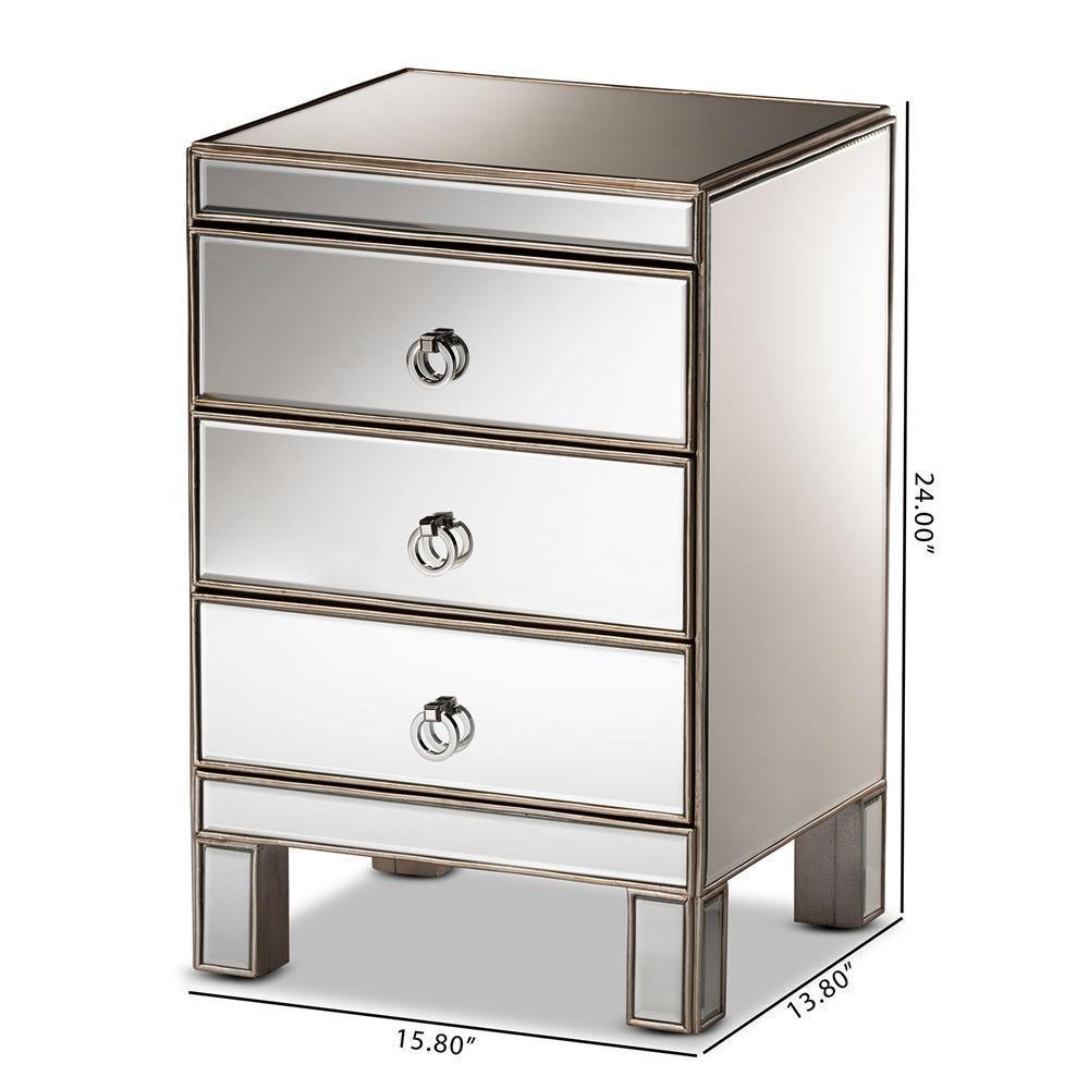 Ewan Contemporary Glam and Luxe Mirrored 3-Drawer Nightstand FredCo