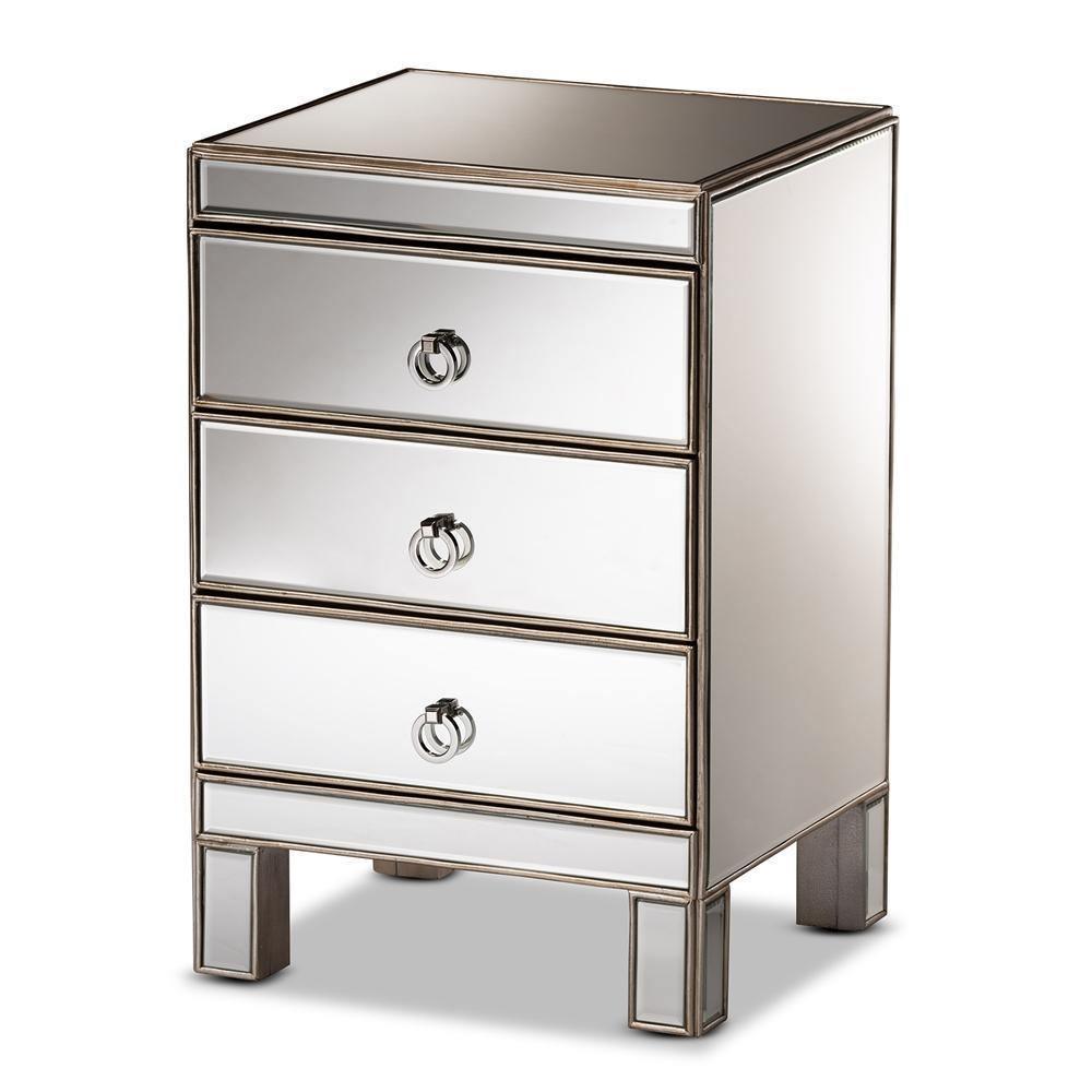Ewan Contemporary Glam and Luxe Mirrored 3-Drawer Nightstand FredCo