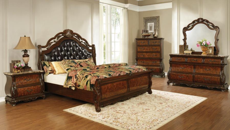 Exeter 5-piece Queen Tufted Upholstered Sleigh Bedroom Set Dark Burl Coaster FredCo