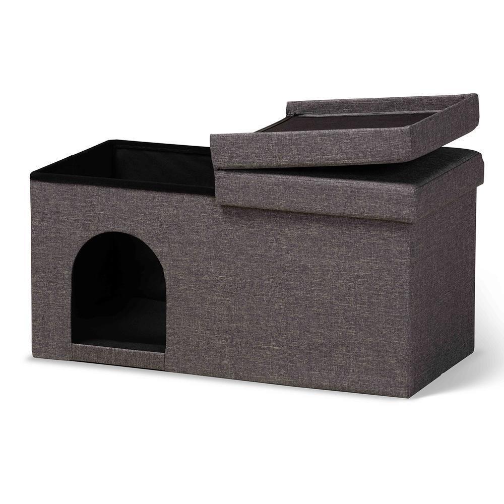 Faber Modern and Contemporary Dark Grey Fabric Upholstered and Wood Cat Litter Box Cover House FredCo