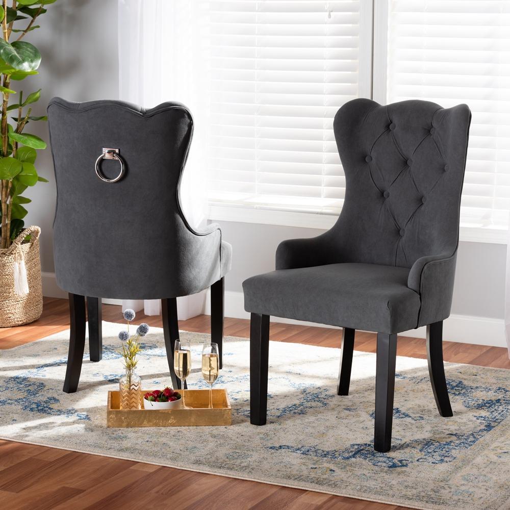 Fabre Modern Transitional Grey Velvet Fabric Upholstered and Dark Brown Finished Wood 2-Piece Dining Chair Set FredCo