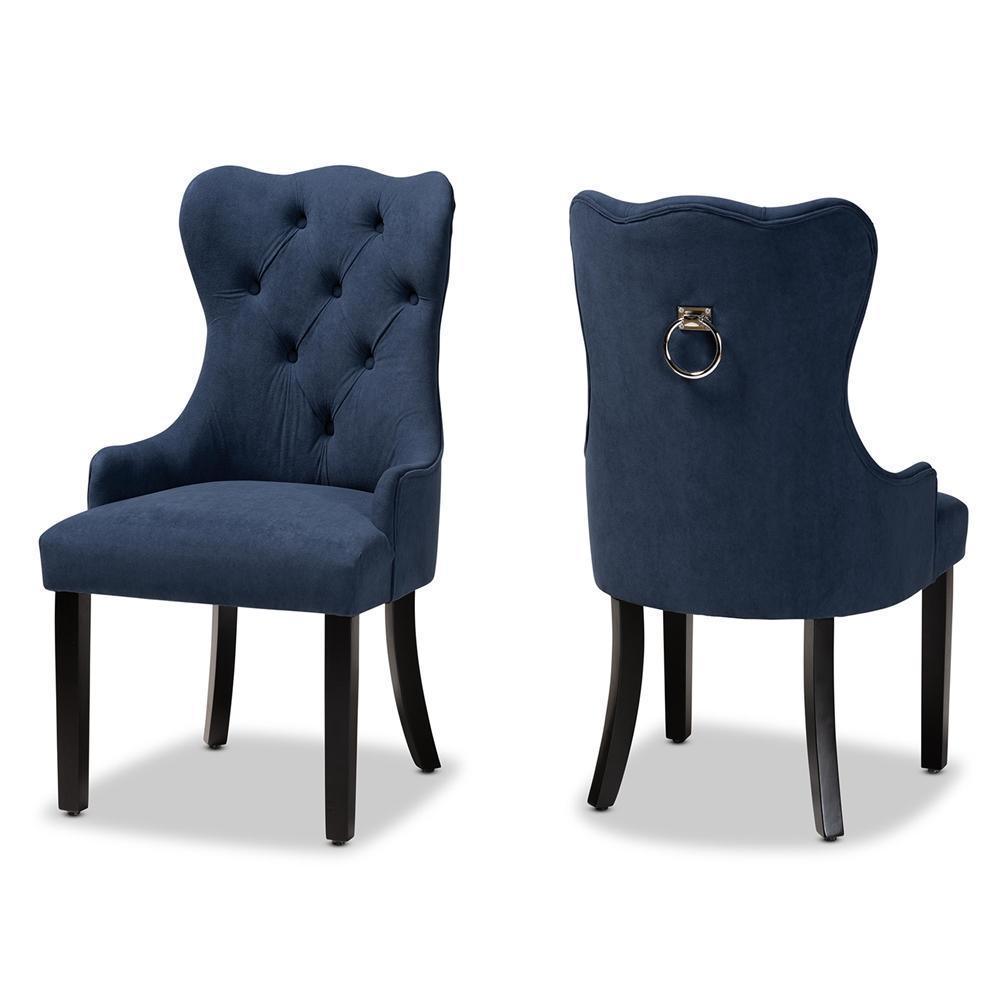 Fabre Modern Transitional Navy Blue Velvet Fabric Upholstered and Dark Brown Finished Wood 2-Piece Dining Chair Set FredCo