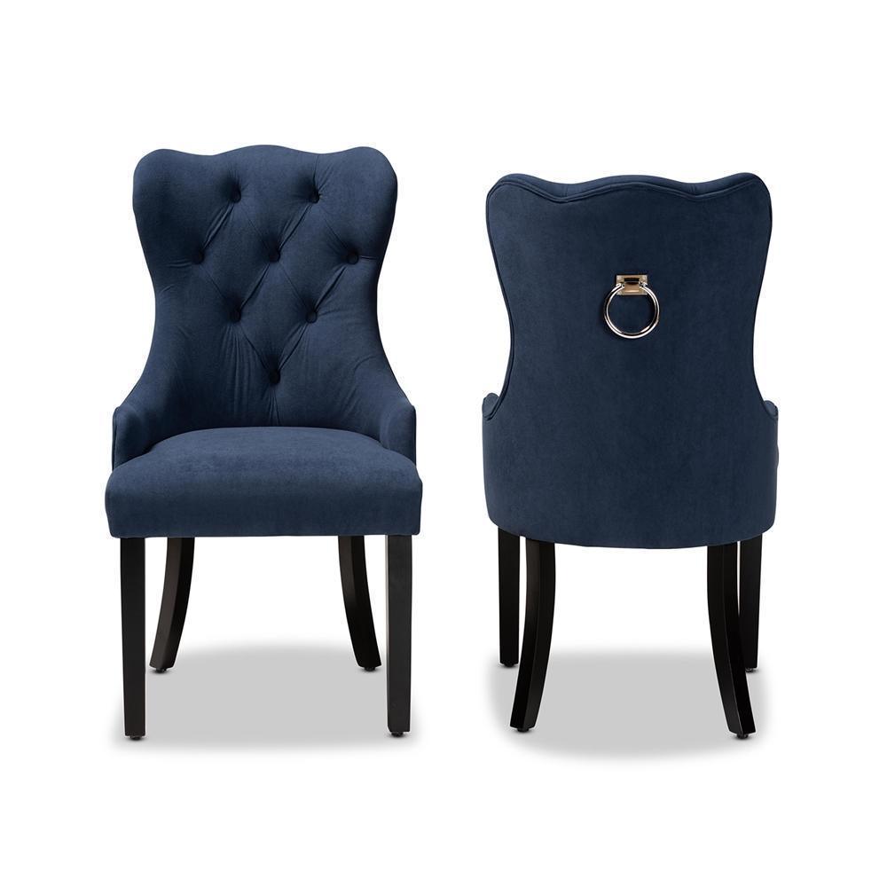 Fabre Modern Transitional Navy Blue Velvet Fabric Upholstered and Dark Brown Finished Wood 2-Piece Dining Chair Set FredCo