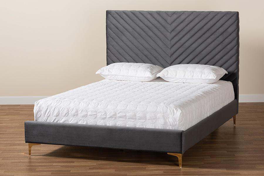 Fabrico Contemporary Glam and Luxe Grey Velvet Fabric Upholstered and Gold Metal Queen Size Platform Bed FredCo