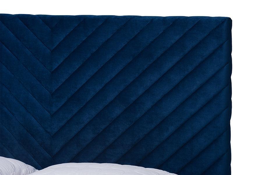 Fabrico Contemporary Glam and Luxe Navy Blue Velvet Fabric Upholstered and Gold Metal King Size Platform Bed FredCo