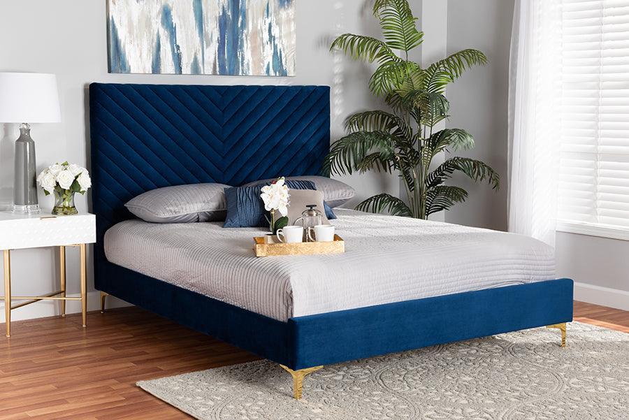 Fabrico Contemporary Glam and Luxe Navy Blue Velvet Fabric Upholstered and Gold Metal King Size Platform Bed FredCo