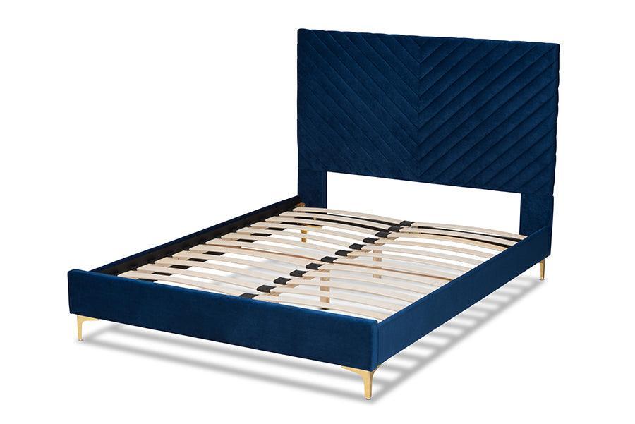 Fabrico Contemporary Glam and Luxe Navy Blue Velvet Fabric Upholstered and Gold Metal King Size Platform Bed FredCo