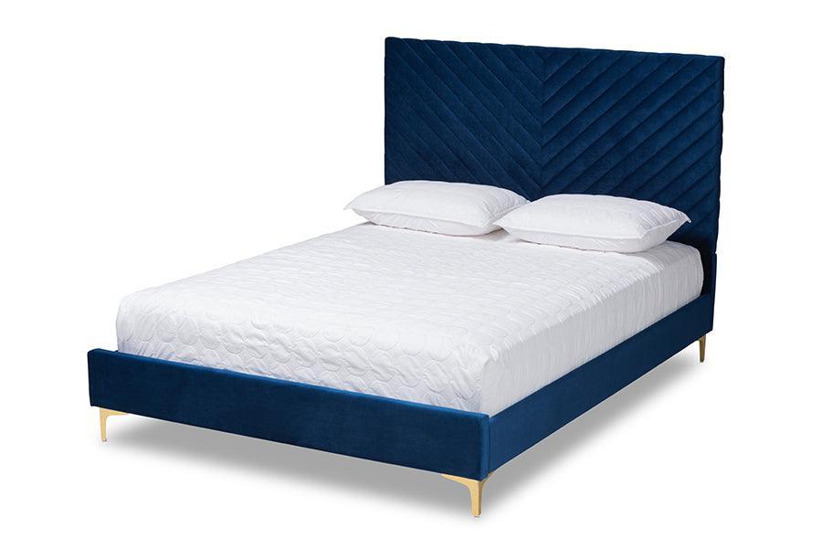 Fabrico Contemporary Glam and Luxe Navy Blue Velvet Fabric Upholstered and Gold Metal King Size Platform Bed FredCo