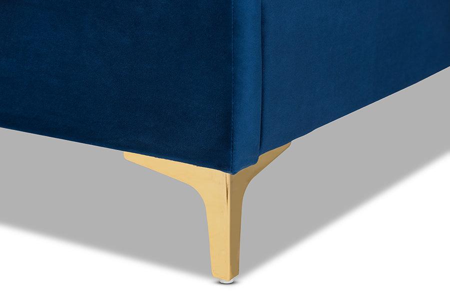 Fabrico Contemporary Glam and Luxe Navy Blue Velvet Fabric Upholstered and Gold Metal King Size Platform Bed FredCo