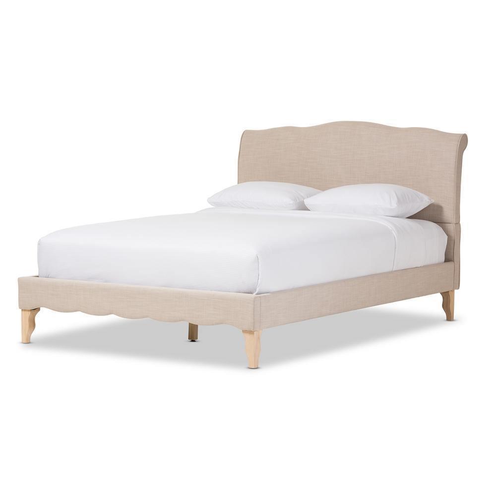 Fannie French Classic Modern Style Beige Linen Fabric Full Size Platform Bed FredCo