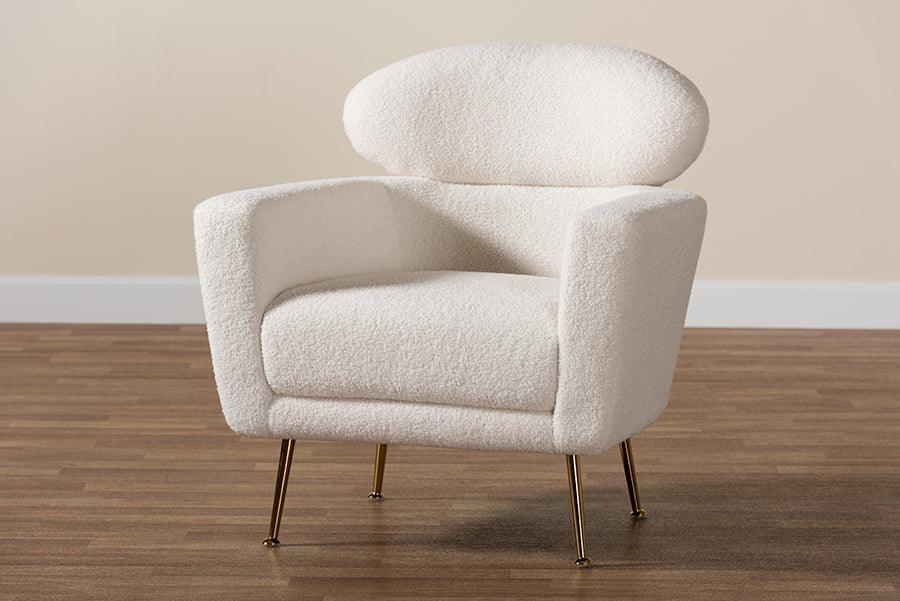 Fantasia Modern and Contemporary Ivory Boucle Upholstered and Gold Metal Armchair FredCo
