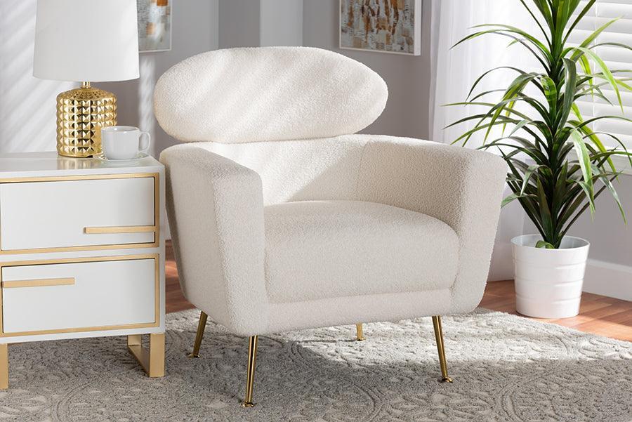 Fantasia Modern and Contemporary Ivory Boucle Upholstered and Gold Metal Armchair FredCo