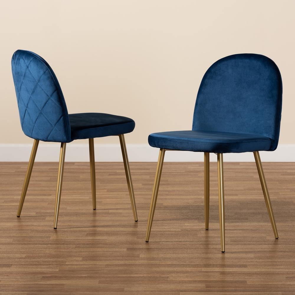 Fantine Modern Luxe and Glam Navy Blue Velvet Fabric Upholstered and Gold Finished Metal 2-Piece Dining Chair Set FredCo